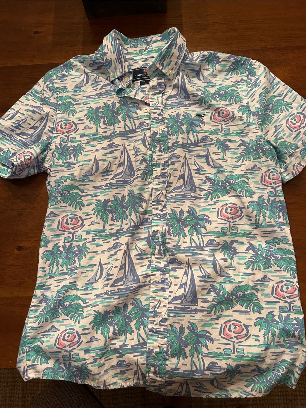 Vineyard Vines Boys Short-Sleeve Sailboat & Palm Print Shirt - Mint/Blue/Pink